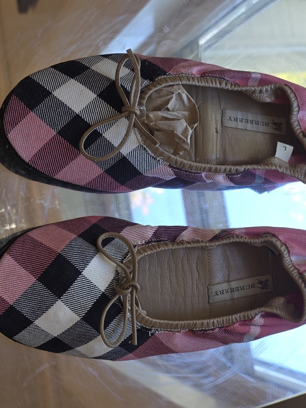 RARE Travel Burberry Pink Plaid Ballet Flats Foldable 8-9